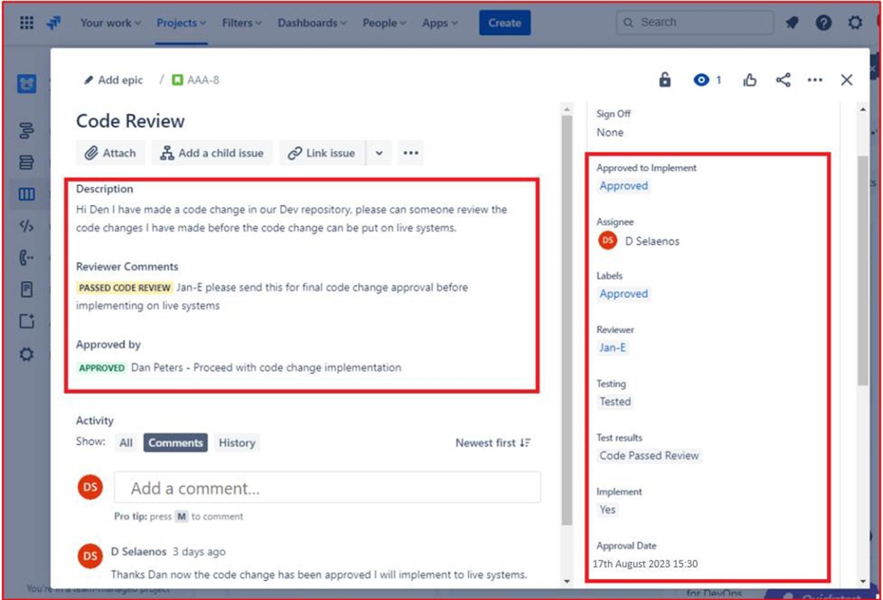 Code review epic with description, reviewer comments and reviewer info.