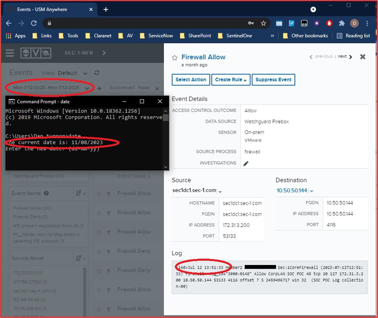 AlienVault log report with dates circled including log date.