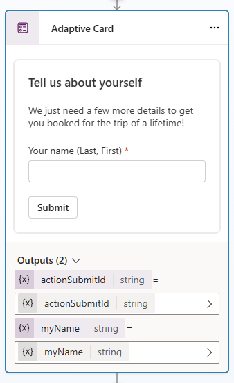 Screenshot of an Adaptive Card node, with a preview of the card.