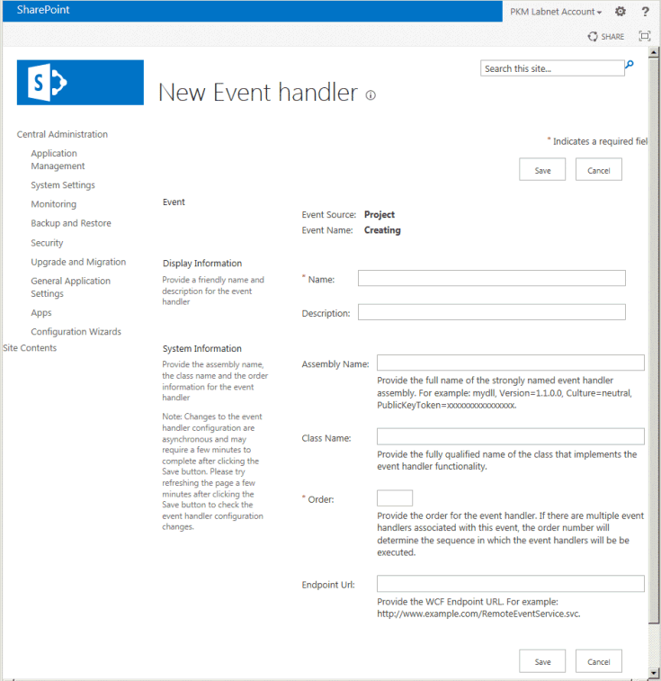 Configuring an event handler or event receiver Configuring an event handler or event receiver