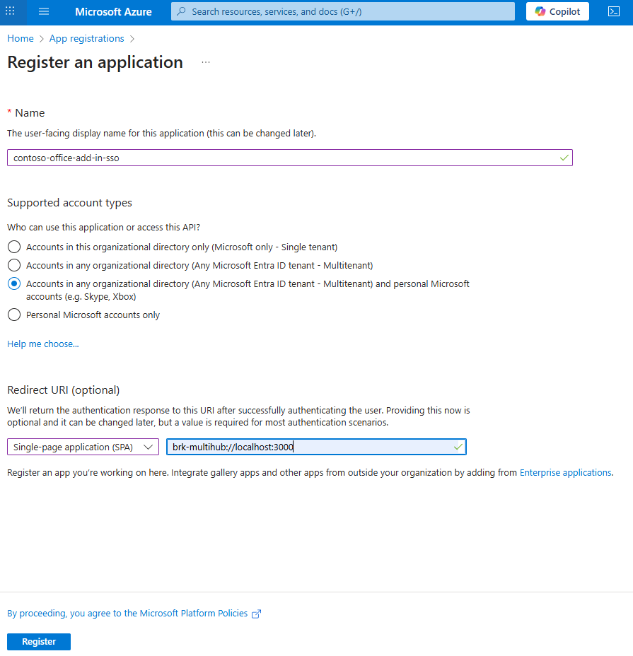 Register an application pane with name and supported account completed.