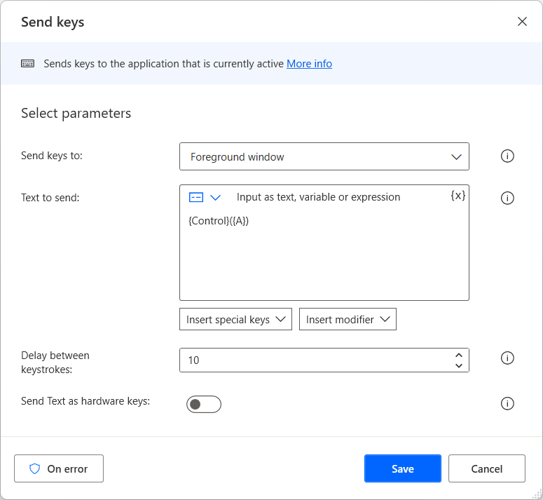 Screenshot of the Send keys action.