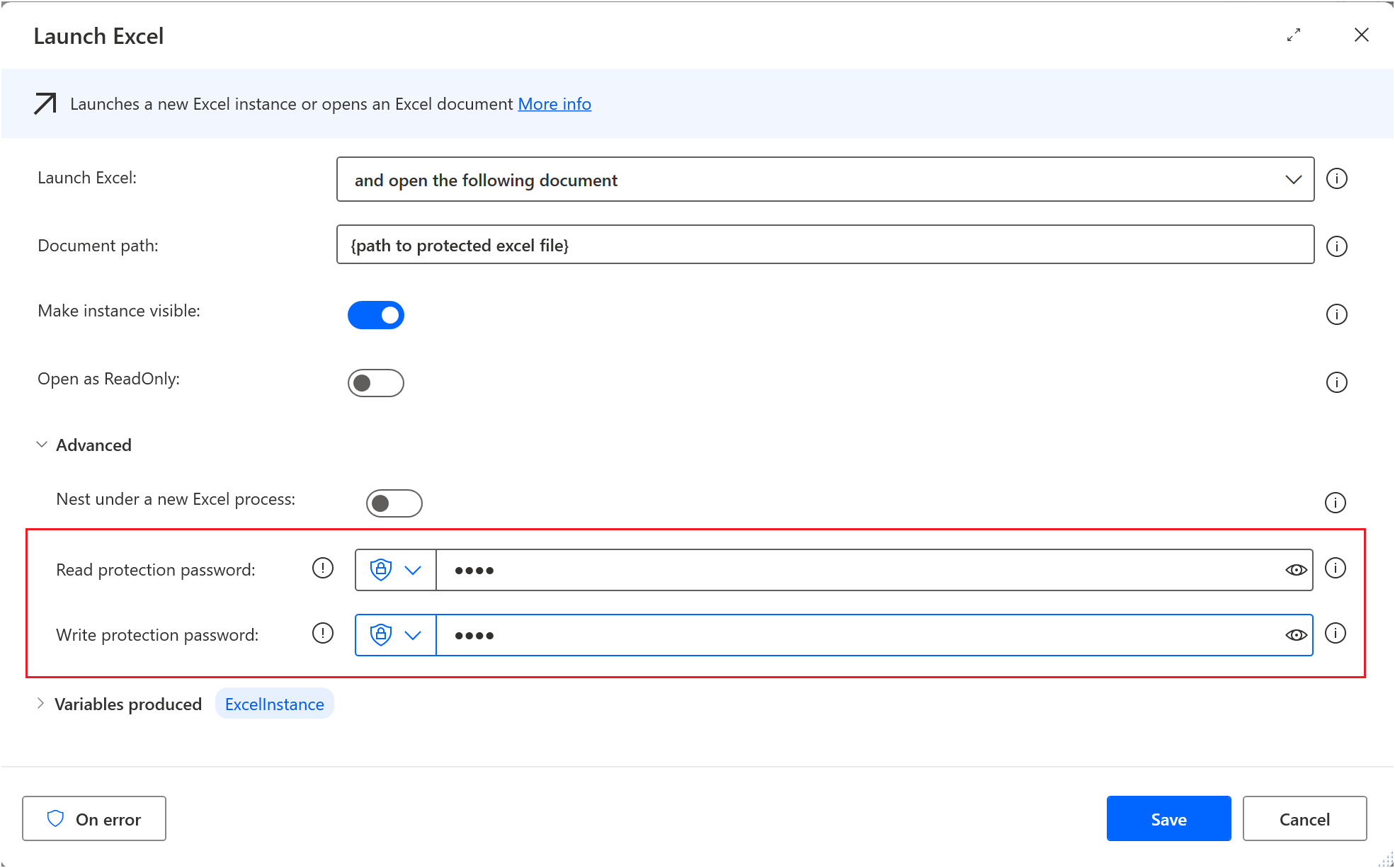 Screenshot of the Launch Excel action configured to open a password protected file