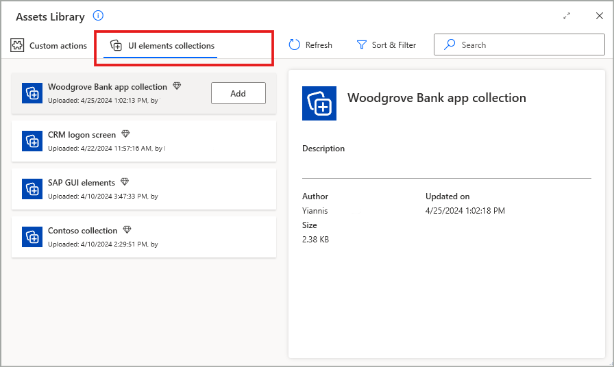 UI elements collections tab in Assets library