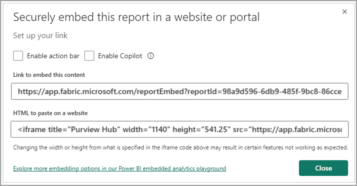 Screenshot of Embed option dialogue box