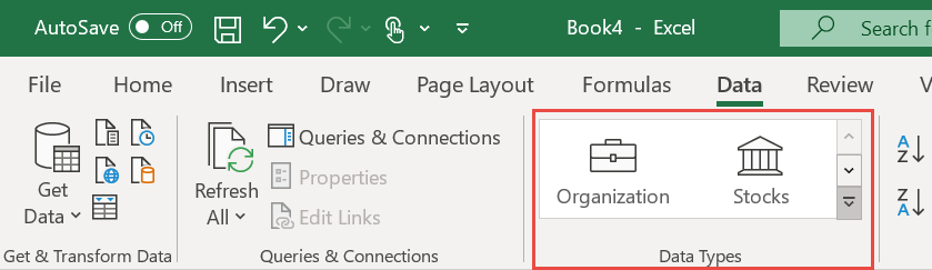 Screenshot showing the Data Types gallery in the Excel Data ribbon.