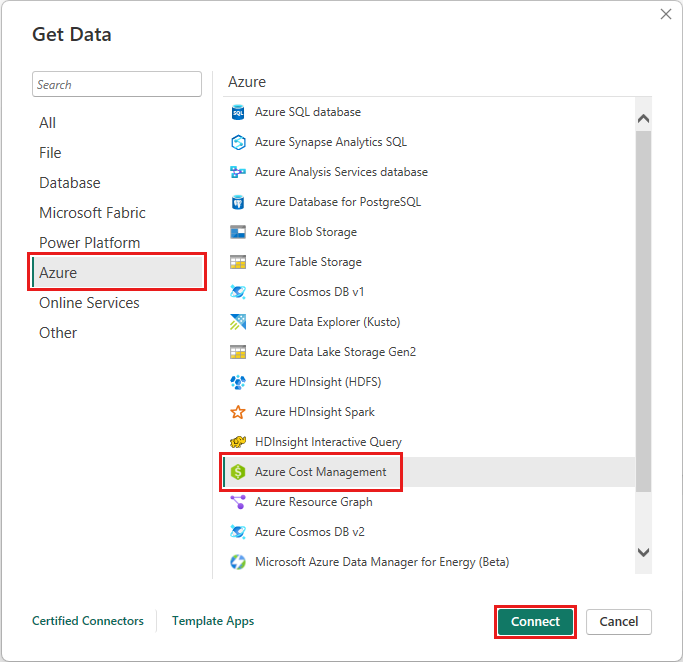 Screenshot of Get Data dialog with highlighted selections to connect to Azure Cost Management.