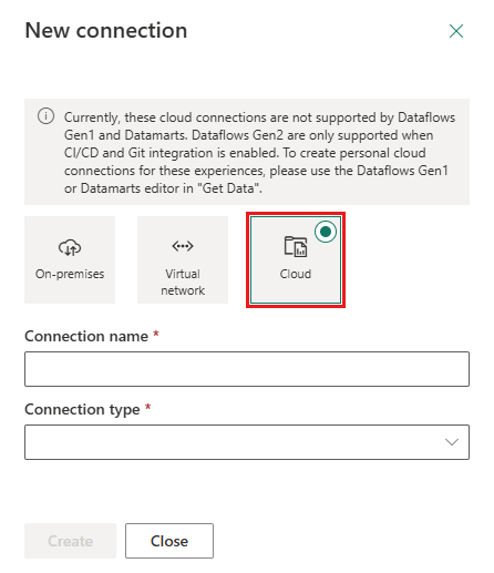 Screenshot of the New connection dialog in the Power BI service. Three types of connections are listed. Among them, Cloud is highlighted.
