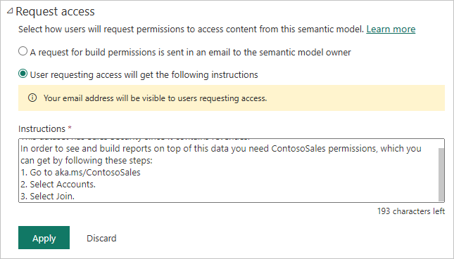 Screenshot of the Request access configuration dialog in the semantic model settings.