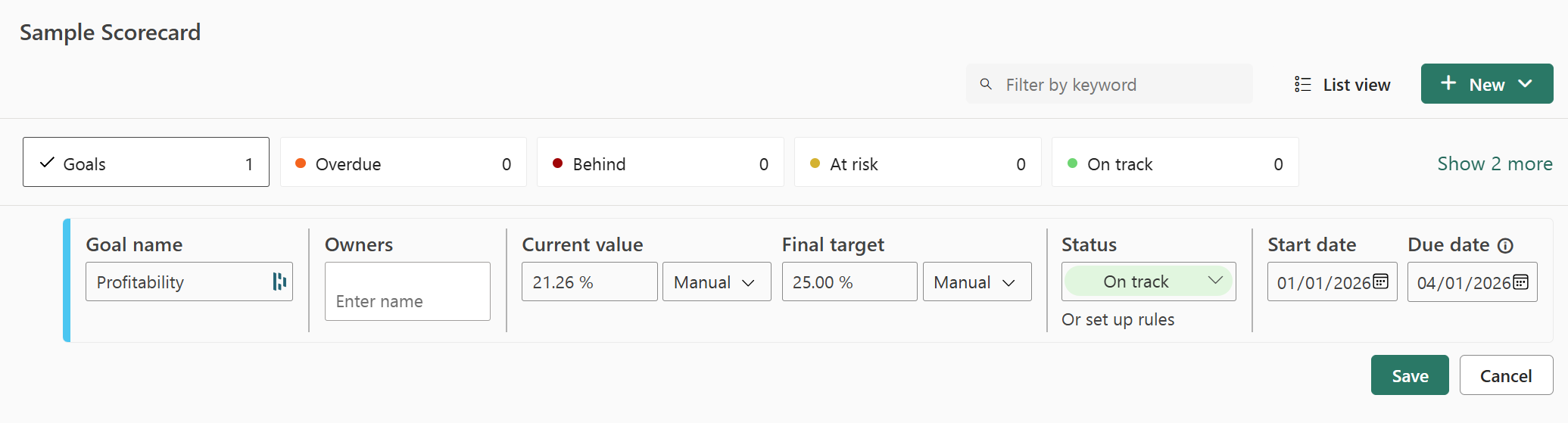 Screenshot of the editing experience for creating a new goal.