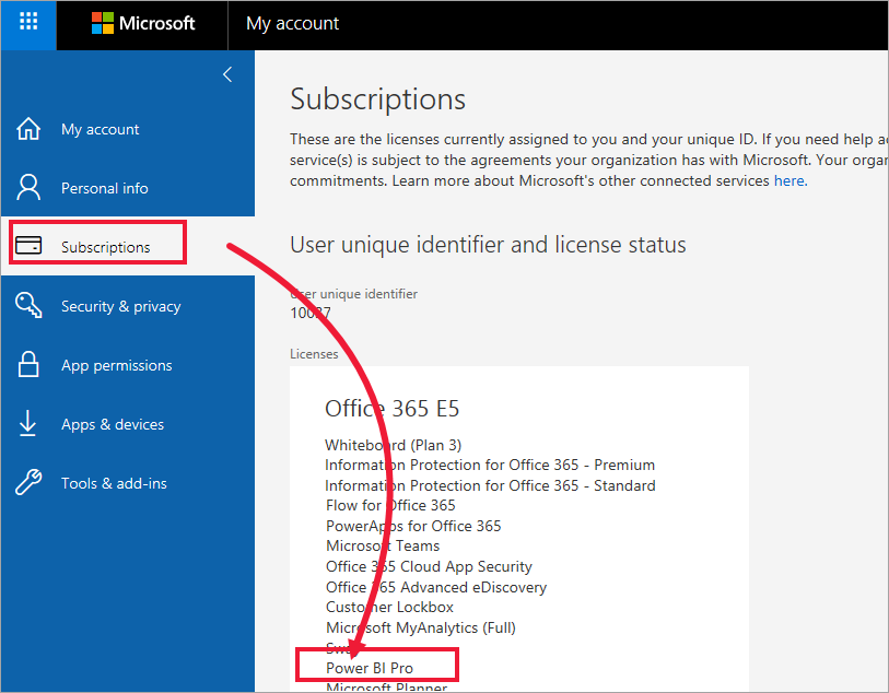 Screenshot of Office portal subscriptions tab showing Office 365 E5 subscription.