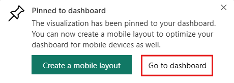 Screenshot of the Pinned to dashboard dialog with the option to go to the new dashboard.