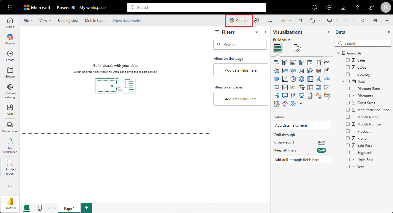Screenshot that shows the imported Financial Sample semantic model page.