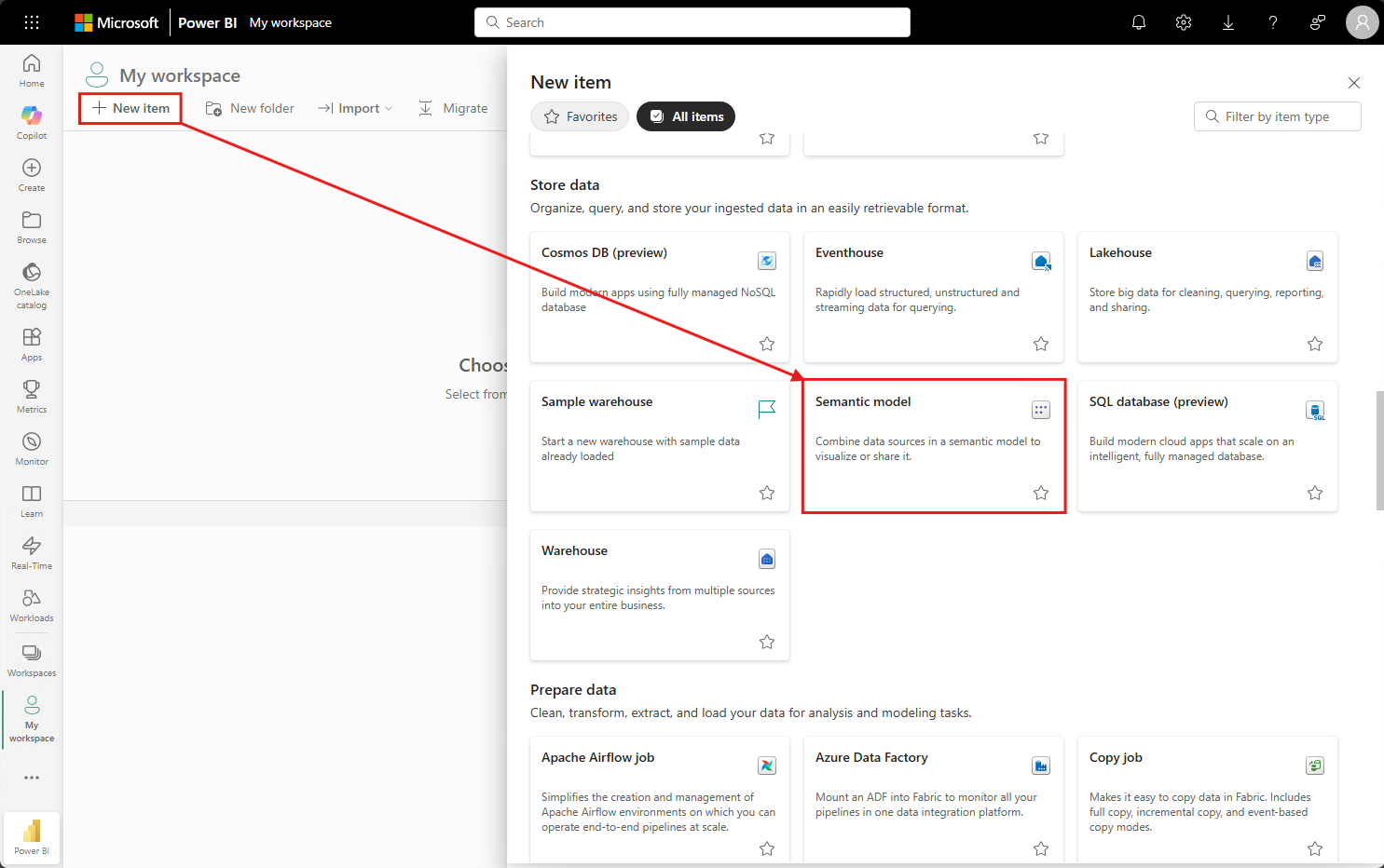 Screenshot that shows how to create a new semantic model to initiate the import process.