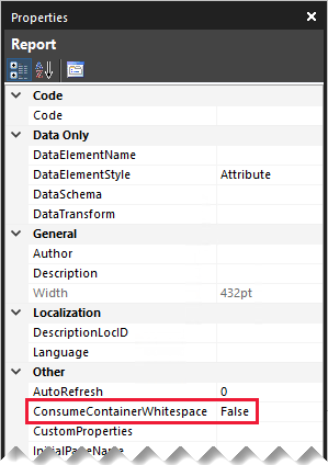Screenshot shows the Properties pane, highlighting the ConsumeContainerWhitespace property.
