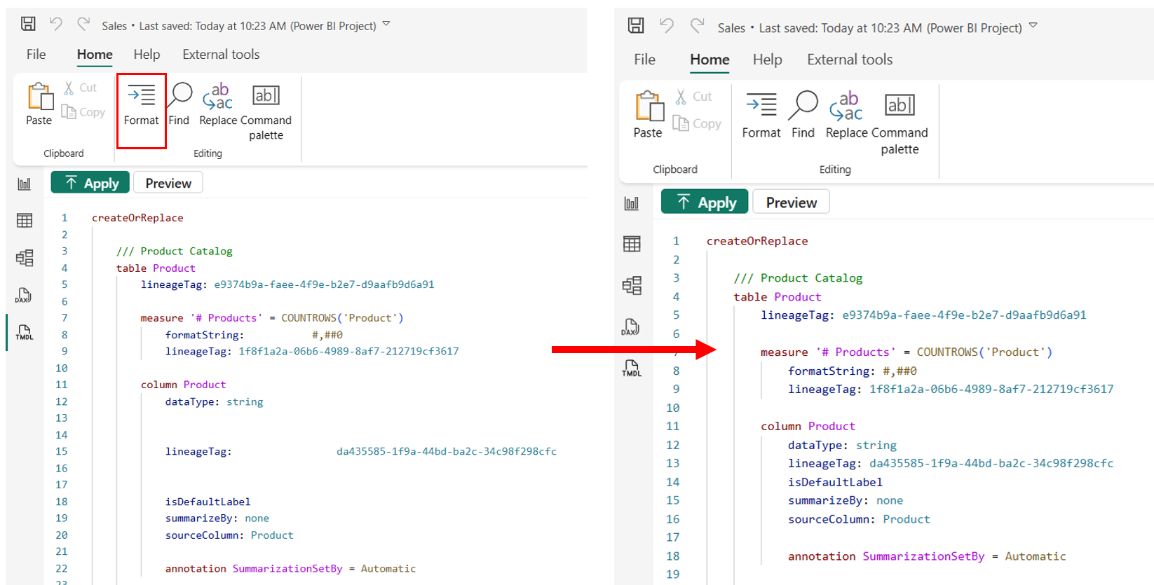 Screenshot of the code editor with TMDL code being formatted using the Format option in the ribbon.
