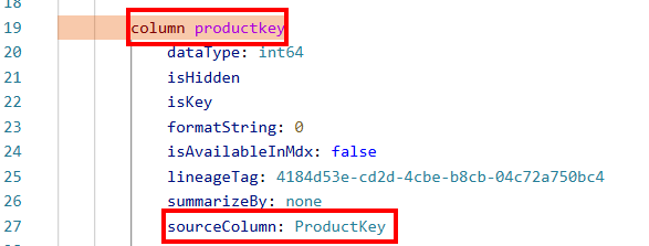 Screenshot of a Power BI data model configuration showing the productKey column definition with int64 datatype, where the sourceColumn is mapped to ProductKey in the source data.