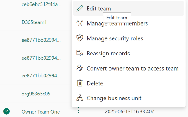 Screenshot of selecting the edit option for a team.