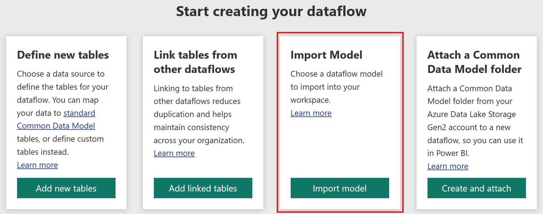 Screenshot of the dataflow creation page with the Import Model selection emphasized.