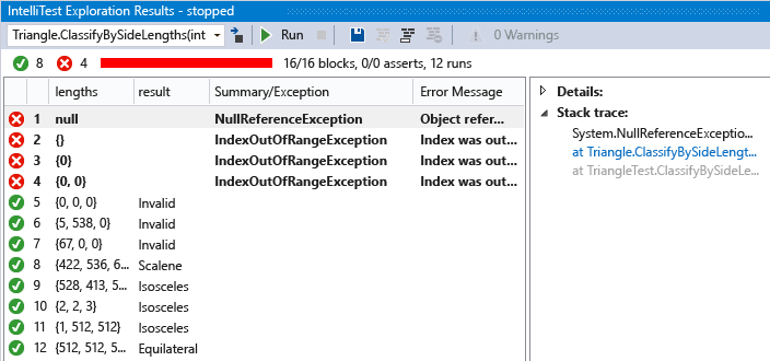 PEXExplorationResults Exploration Results window is displayed with tests