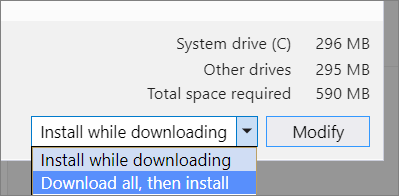 Choose to install while downloading or to download first and install later Screenshot showing the download and install options in the Visual Studio Installer.