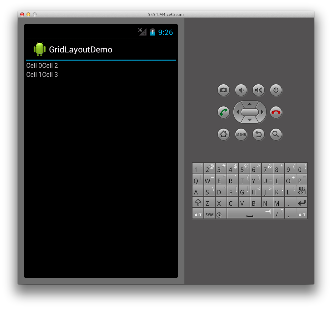 Screenshot of GridLayoutDemo with cells positioned in vertical orientation