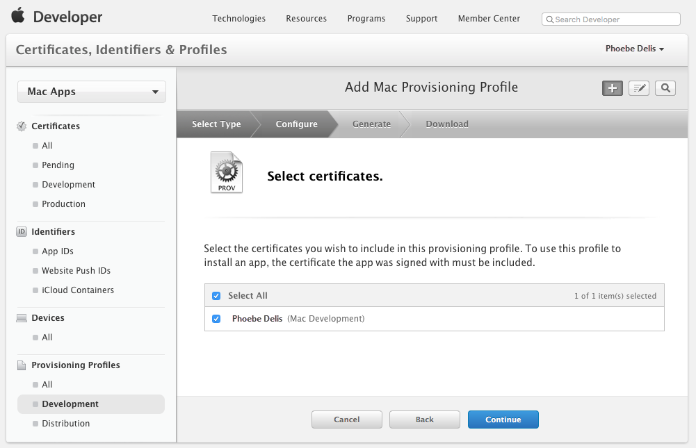 Selecting the developer ID