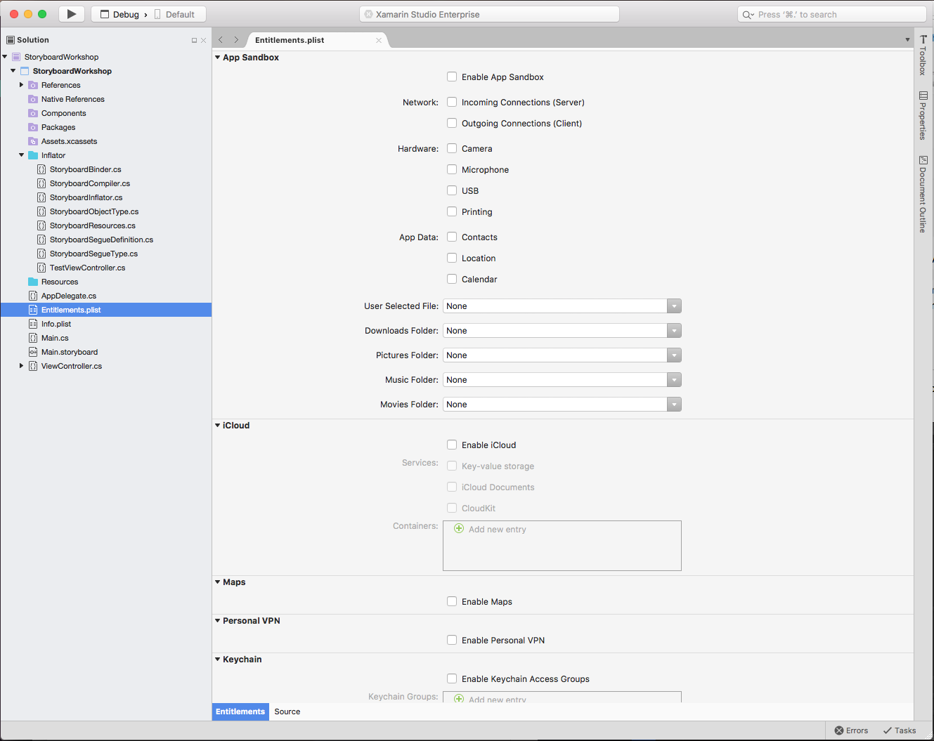 The Visual Studio for Mac entitlements editor