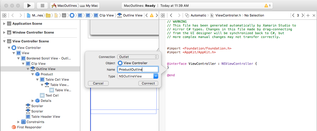 Screenshot shows an Outlet called ProductOutline in the Attribute Inspector.