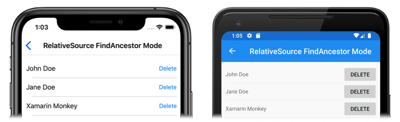 FindAncestor relative binding mode Screenshot of a FindAncestor mode relative binding, on iOS and Android
