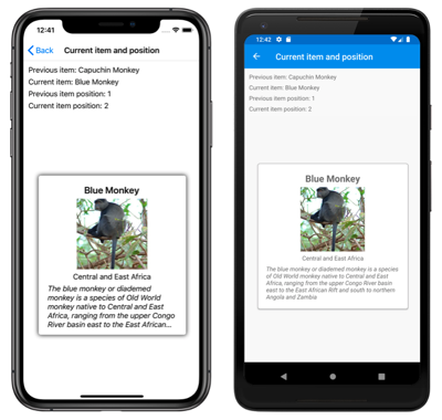 CarouselView with current and previous positions Screenshot of a CarouselView with previous and current positions, on iOS and Android