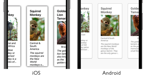 CarouselView peek area insets Screenshot of a CollectionView with partially visible adjacent items, on iOS and Android