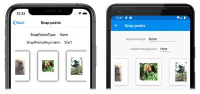 CarouselView without snap points Screenshot of a CarouselView without snap points, on iOS and Android