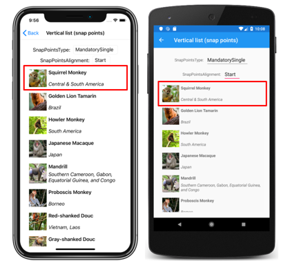 CollectionView vertical list with start snap points Screenshot of a CollectionView vertical list with start snap points, on iOS and Android