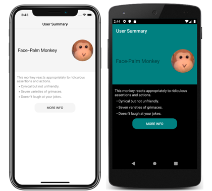 Main page of themed app Screenshot of the main page of a themed app, on iOS and Android