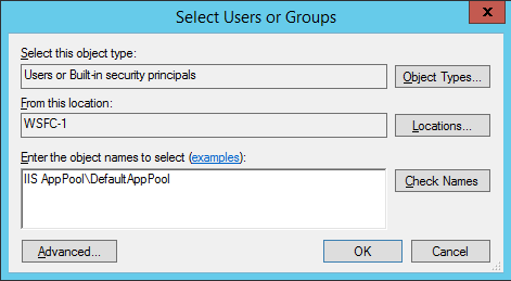 Shows how to enter the AppPoolIdentity account Shows how to enter the AppPoolIdentity account