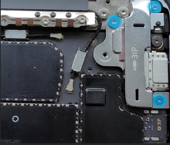 Screenshot that shows removing three screws with 3IP and 6IP drivers to lift out the audio jack bridge.