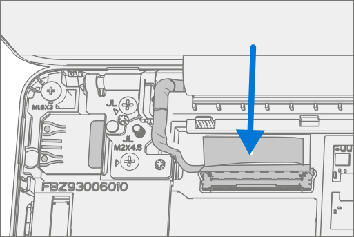 Screenshot that shows sliding the LCD cable into the mainboard connector and securing the metal buckle.