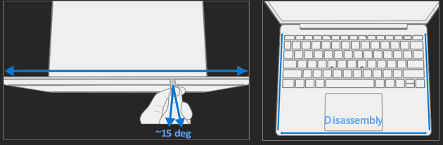 Screenshot that shows using a plastic opening tool to pry between the C-Cover and D-Bucket along the front seam.