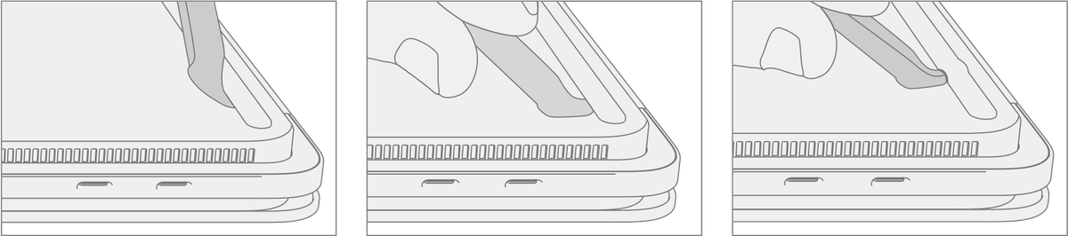 Diagram showing the feet removal process using a plastic prying tool to carefully lift one end and peel off the rubber non-skid foot