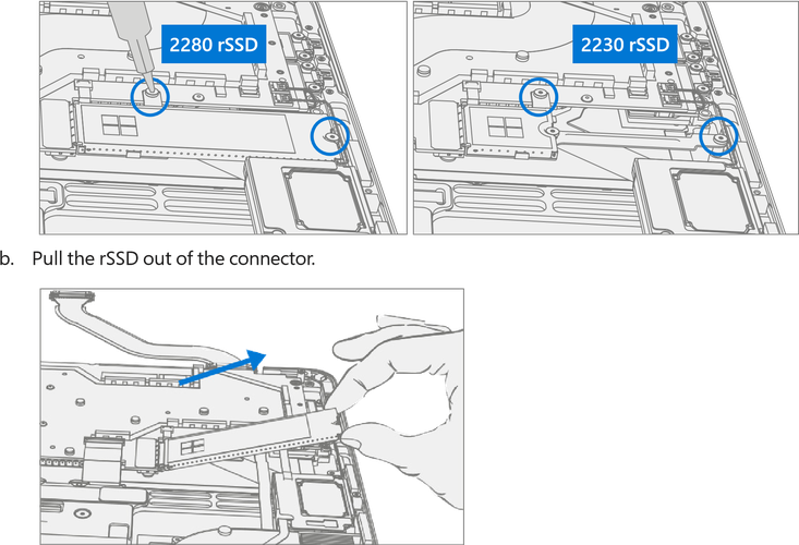 A diagram showing the location of two screws that secure the rSSD (removable Solid State Drive) that need to be removed using a 3IP Torx-Plus driver