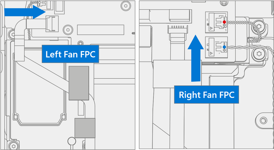 Diagram showing how to connect the left and right Fan FPCs to the PCBA and secure their locks