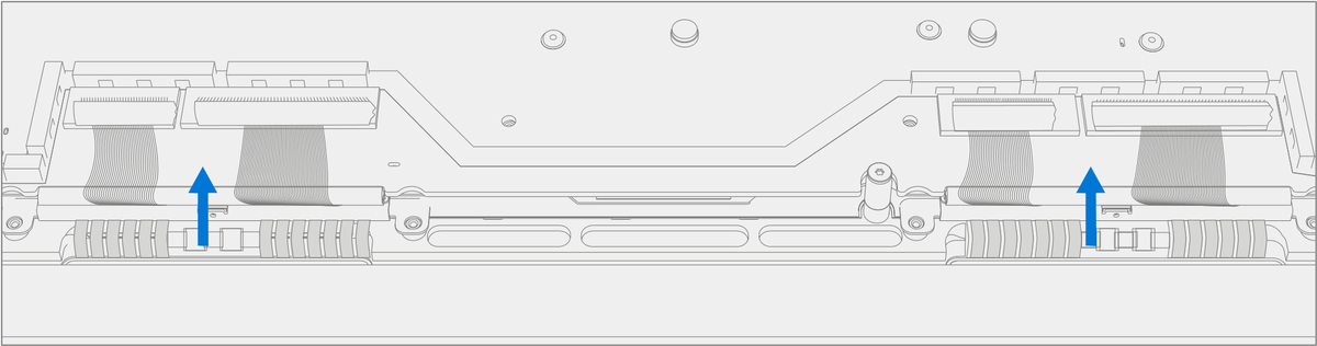 Diagram showing connection of the four display cables into the PCBA connectors with locking buckles engaged