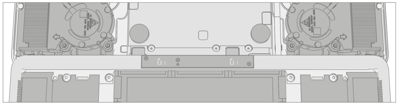 An illustration showing how to properly clean PSA residue from the cosmetic plate, with the chassis top lip placed over the keyboard assembly edge for stability during cleaning