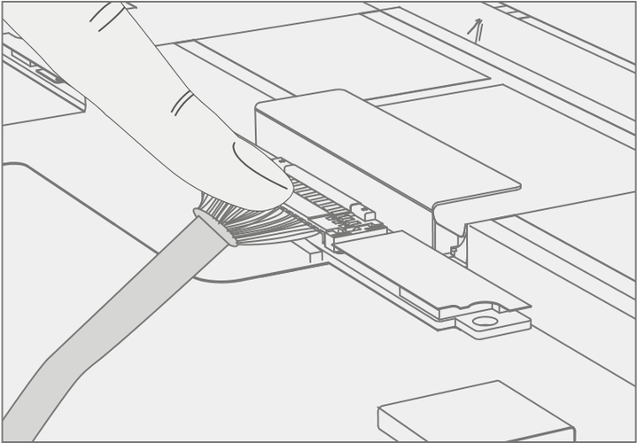 An illustration showing where to press down on both the left and right sides of the battery connector tip until audible clicks are heard and felt on each side