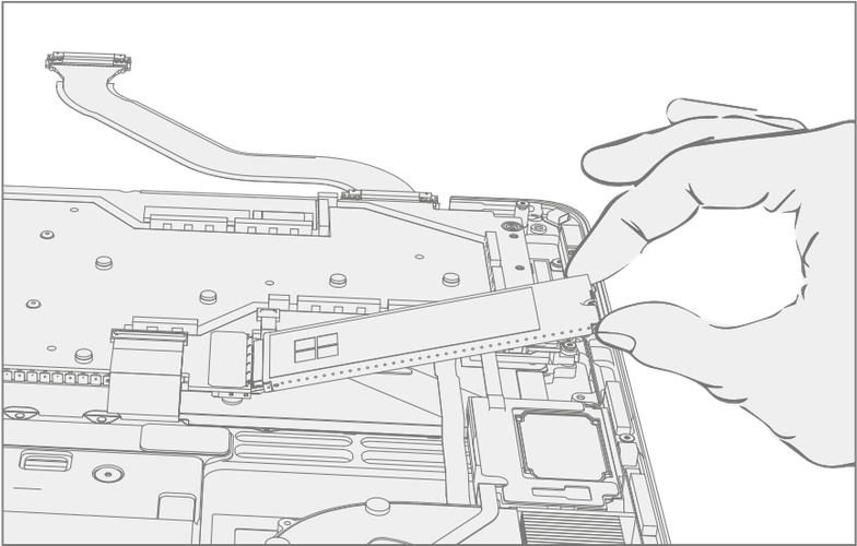 An illustration showing how to insert the rSSD at approximately a 15-degree angle into the motherboard connector