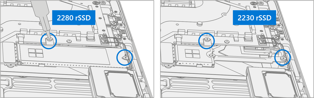 A diagram showing the locations of two screws that need to be installed to secure the rSSD using a 3IP Torx-Plus driver
