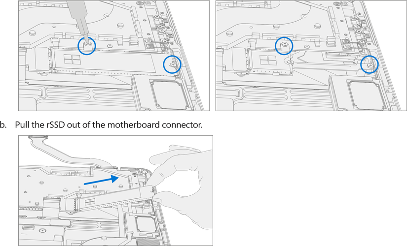 A diagram showing the location of two screws that secure the rSSD that need to be removed using a 3IP Torx-Plus driver before the rSSD can be disconnected