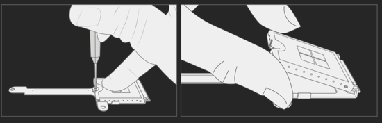 An illustration showing how to remove a 2230 rSSD from its bracket by removing the single securing screw with a 3IP Torx-Plus driver