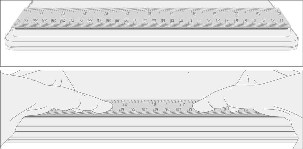 Diagram showing the foot securing technique using a ruler with multiple fingers applying pressure for 30 seconds to ensure complete adhesion